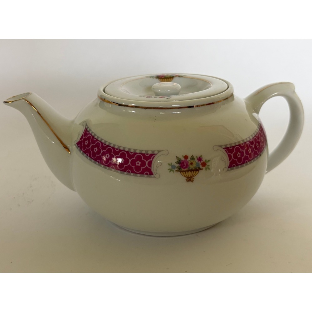 Vintage Pink Floral Teapot Flat Lid Gold Trim Cottagecore Shabby Chic Country